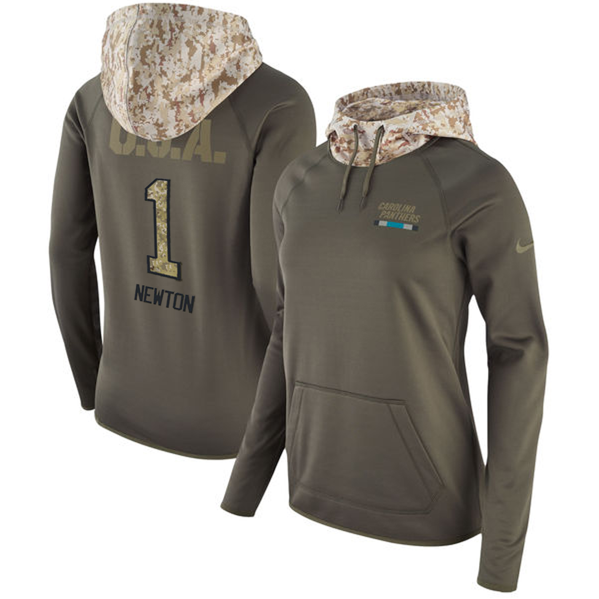 Women's Carolina Panthers #1 Cam Newton Olive Salute to Service Sideline Therma Pullover Hoodie