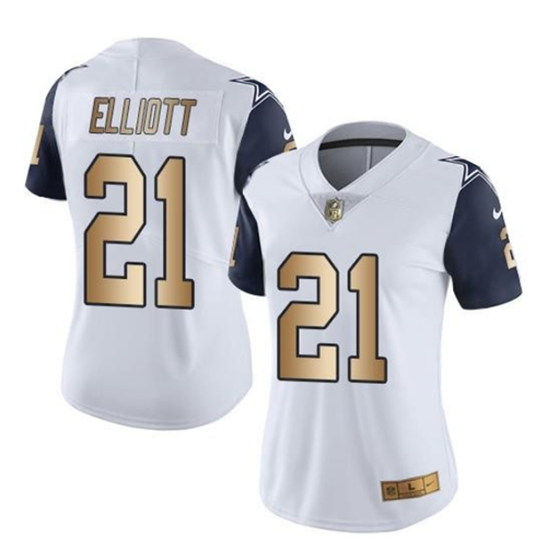 Women's Dallas Cowboys #21 Ezekiel Elliott White Gold Stitched NFL ...