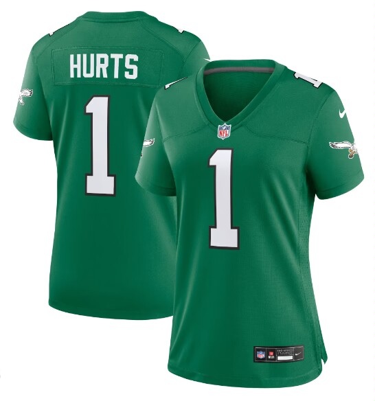 Women's Philadelphia Eagles #1 Jalen Hurts Kelly Green Game Stitched Jersey(Run Small)