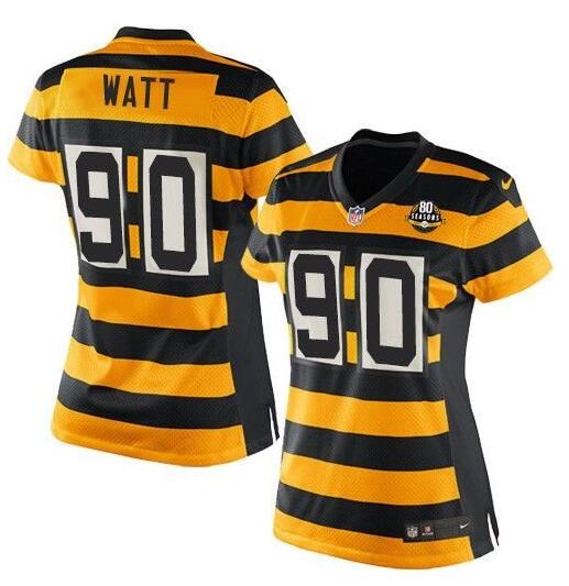 Women's Pittsburgh Steelers #90 T. J. Watt Yellow/Black Alternate 80TH Anniversary Throwback Stitched NFL Jersey(Run Small)