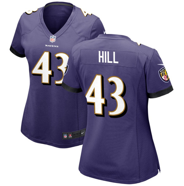 Women's Baltimore Ravens #43 Justice Hill Purple Football Stitched Jersey(Run Small)