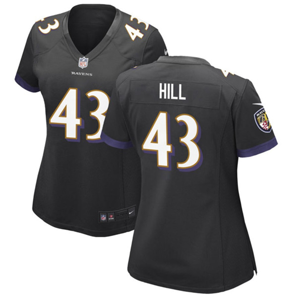 Women's Baltimore Ravens #43 Justice Hill Black Football Stitched Jersey(Run Small)