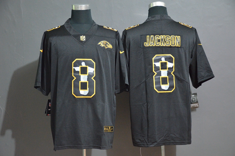 Men's Baltimore Ravens #8 Lamar Jackson Black Jesus Faith Edition Stitched Limited Jersey
