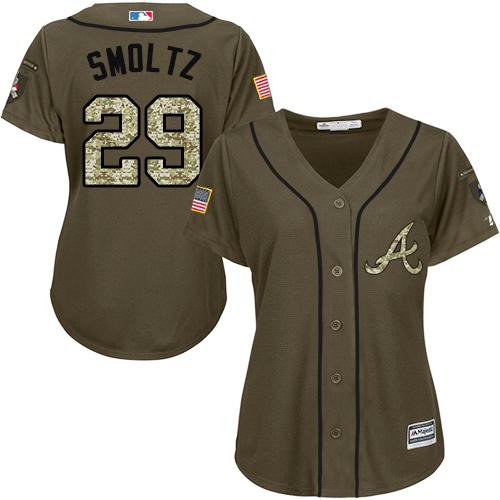 Braves #29 John Smoltz Green Salute to Service Women's Stitched MLB Jersey
