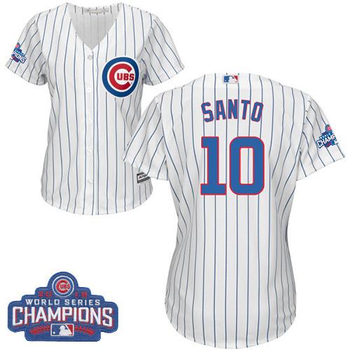 Cubs #10 Ron Santo White(Blue Strip) Home 2016 World Series Champions Women's Stitched MLB Jersey