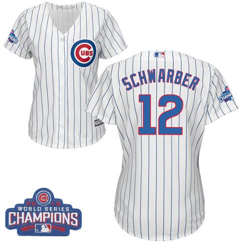 Cubs #12 Kyle Schwarber White(Blue Strip) Home 2016 World Series Champions Women's Stitched MLB Jersey