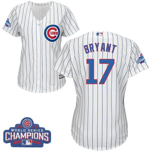 Cubs #17 Kris Bryant White(Blue Strip) Home 2016 World Series Champions Women's Stitched MLB Jersey