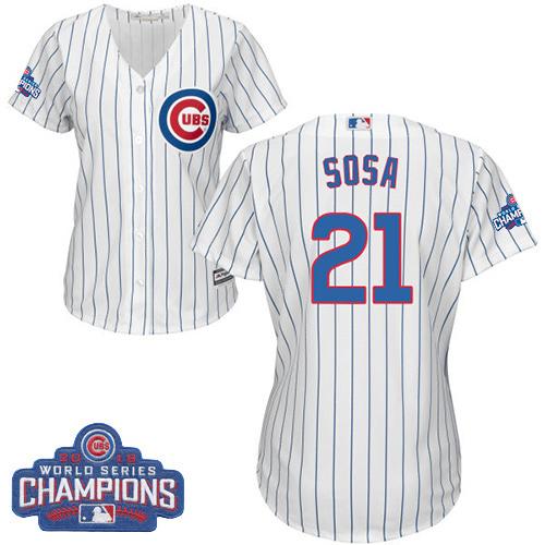 Cubs #21 Sammy Sosa White(Blue Strip) Home 2016 World Series Champions Women's Stitched MLB Jersey