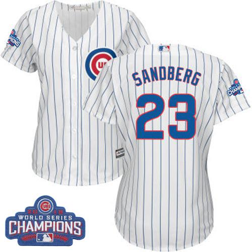 Cubs #23 Ryne Sandberg White(Blue Strip) Home 2016 World Series Champions Women's Stitched MLB Jersey