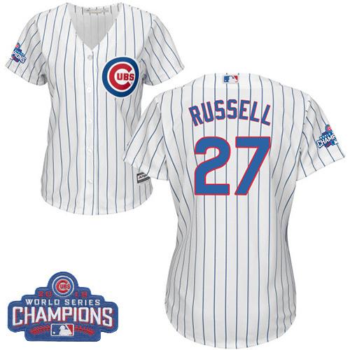 Cubs #27 Addison Russell White(Blue Strip) Home 2016 World Series Champions Women's Stitched MLB Jersey