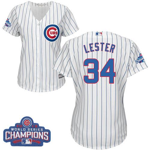 Cubs #34 Jon Lester White(Blue Strip) Home 2016 World Series Champions Women's Stitched MLB Jersey