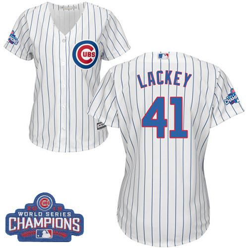 Cubs #41 John Lackey White(Blue Strip) Home 2016 World Series Champions Women's Stitched MLB Jersey