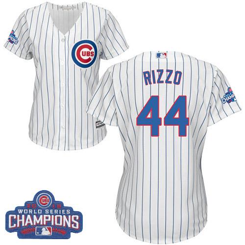 Cubs #44 Anthony Rizzo White(Blue Strip) Home 2016 World Series Champions Women's Stitched MLB Jersey