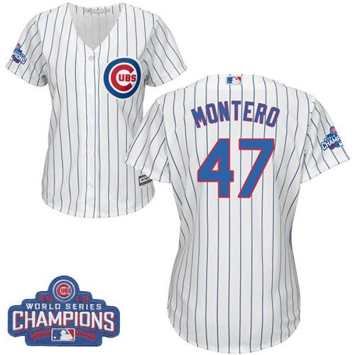 Cubs #47 Miguel Montero White(Blue Strip) Home 2016 World Series Champions Women's Stitched MLB Jersey