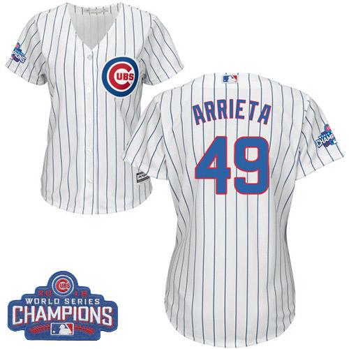 Cubs #49 Jake Arrieta White(Blue Strip) Home 2016 World Series Champions Women's Stitched MLB Jersey