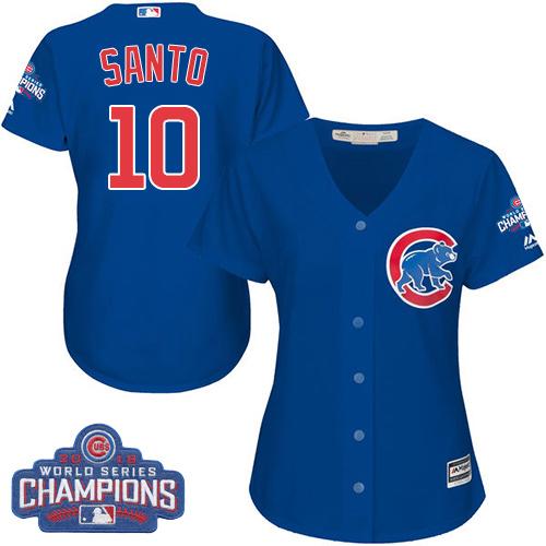 Cubs #10 Ron Santo Blue Alternate 2016 World Series Champions Women's Stitched MLB Jersey