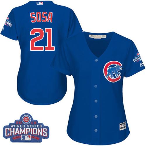 Cubs #21 Sammy Sosa Blue Alternate 2016 World Series Champions Women's Stitched MLB Jersey