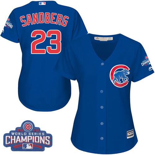 Cubs #23 Ryne Sandberg Blue Alternate 2016 World Series Champions Women's Stitched MLB Jersey