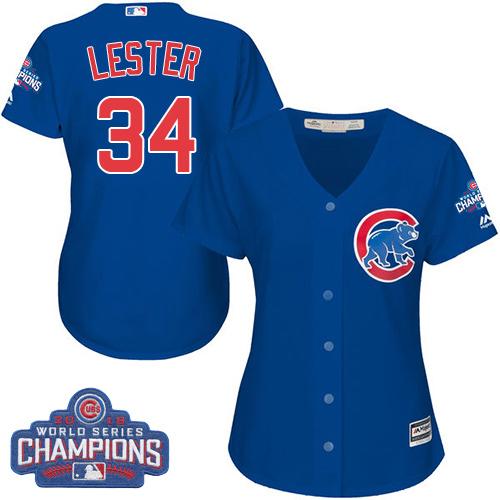 Cubs #34 Jon Lester Blue Alternate 2016 World Series Champions Women's Stitched MLB Jersey