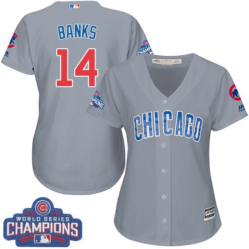 Cubs #14 Ernie Banks Grey Road 2016 World Series Champions Women's Stitched MLB Jersey