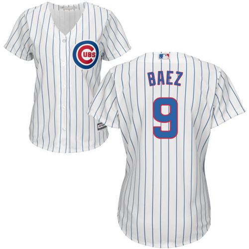 Cubs #9 Javier Baez White(Blue Strip) Home Women's Stitched MLB Jersey