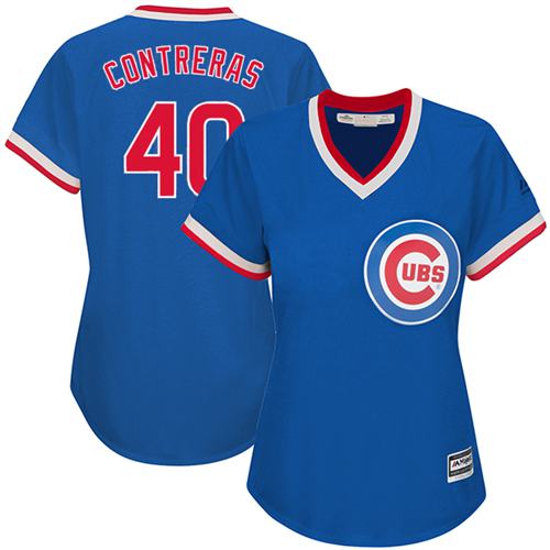 Cubs #40 Willson Contreras Blue Cooperstown Women's Stitched MLB Jersey