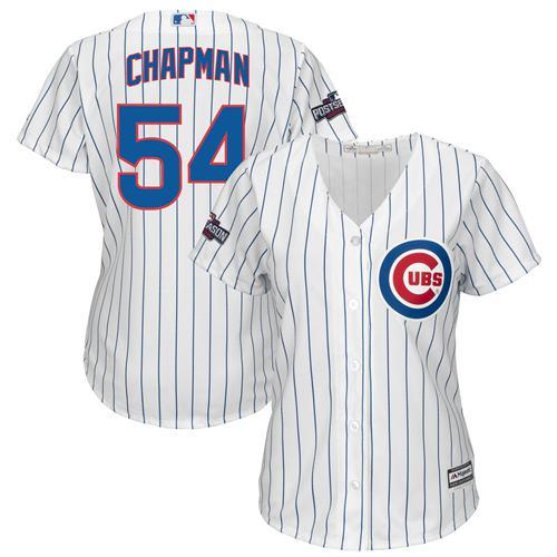 Cubs #54 Aroldis Chapman White(Blue Strip) Home Women's Stitched MLB Jersey