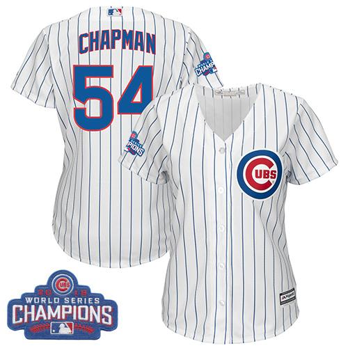 Cubs #54 Aroldis Chapman White(Blue Strip) Home 2016 World Series Champions Women's Stitched MLB Jersey