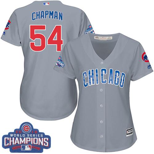 Cubs #54 Aroldis Chapman Grey Road 2016 World Series Champions Women's Stitched MLB Jersey