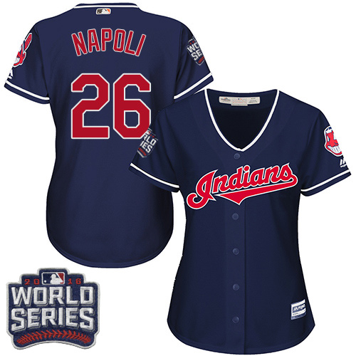 Indians #26 Mike Napoli Navy Blue 2016 World Series Bound Women's Alternate Stitched MLB Jersey