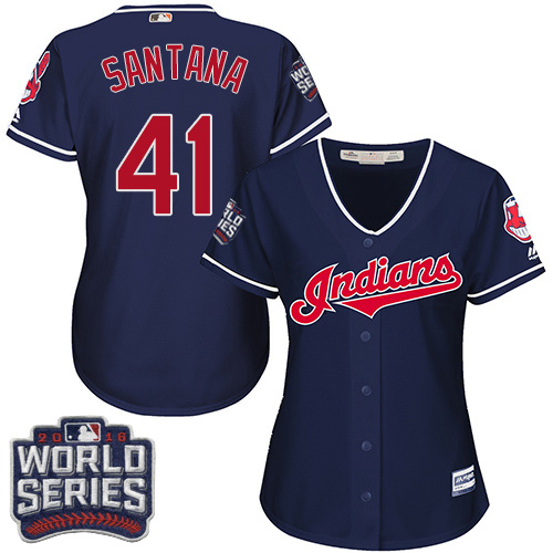 Indians #41 Carlos Santana Navy Blue 2016 World Series Bound Women's Alternate Stitched MLB Jersey