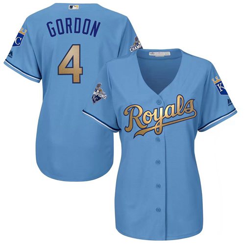 Royals #4 Alex Gordon Light Blue Women's 2015 World Series Champions Gold Program Cool Base Stitched MLB Jersey
