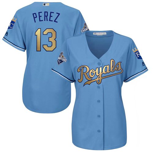 Royals #13 Salvador Perez Light Blue Women's 2015 World Series Champions Gold Program Cool Base Stitched MLB Jersey