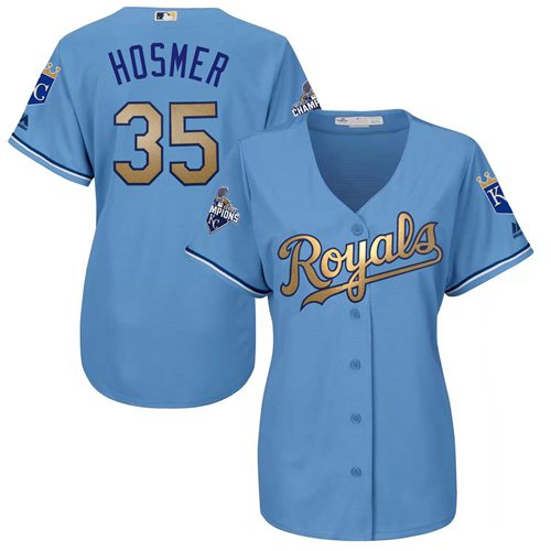 Royals #35 Eric Hosmer Light Blue Women's 2015 World Series Champions Gold Program Cool Base Stitched MLB Jersey