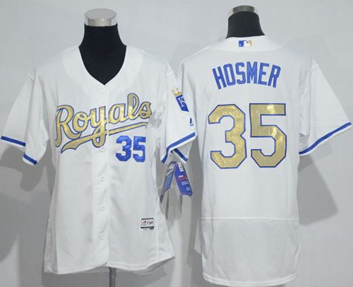 Royals #35 Eric Hosmer White Flexbase Authentic 2015 World Series Champions Gold Program Cool Base Women's Stitched MLB Jersey