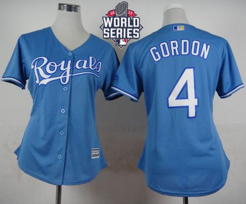 Royals #4 Alex Gordon Light Blue Alternate 1 W/2015 World Series Patch Women's Stitched MLB Jersey