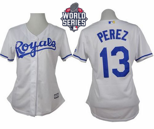 Royals #13 Salvador Perez White Home W/2015 World Series Patch Women's Stitched MLB Jersey