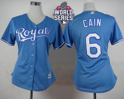 Royals #6 Lorenzo Cain Light Blue Alternate 1 W/2015 World Series Patch Women's Stitched MLB Jersey