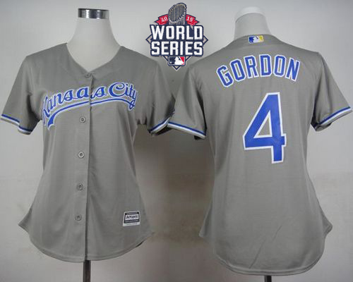 Royals #4 Alex Gordon Grey Road W/2015 World Series Patch Women's Stitched MLB Jersey