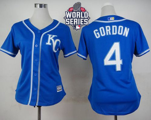 Royals #4 Alex Gordon Blue Alternate 2 W/2015 World Series Patch Women's Stitched MLB Jersey