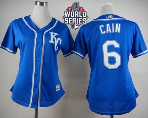 Royals #6 Lorenzo Cain Blue Alternate 2 W/2015 World Series Patch Women's Stitched MLB Jersey