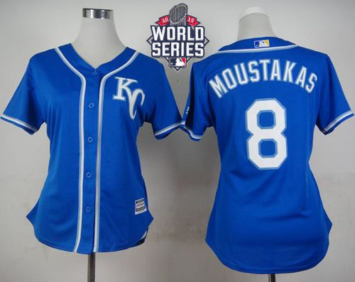 Royals #8 Mike Moustakas Blue Alternate 2 W/2015 World Series Patch Women's Stitched MLB Jersey