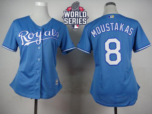 Royals #8 Mike Moustakas Light Blue Alternate 1 W/2015 World Series Patch Women's Stitched MLB Jersey