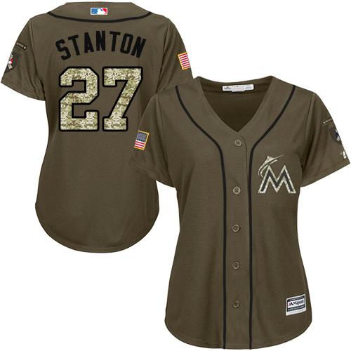 Marlins #27 Giancarlo Stanton Green Salute to Service Women's Stitched MLB Jersey