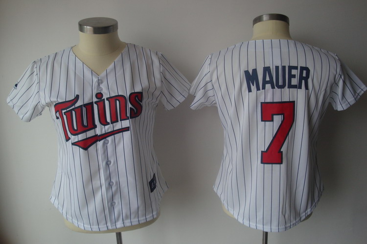 Twins #7 Joe Mauer White With Blue Strip Lady Fashion Stitched MLB Jersey(Run Small)