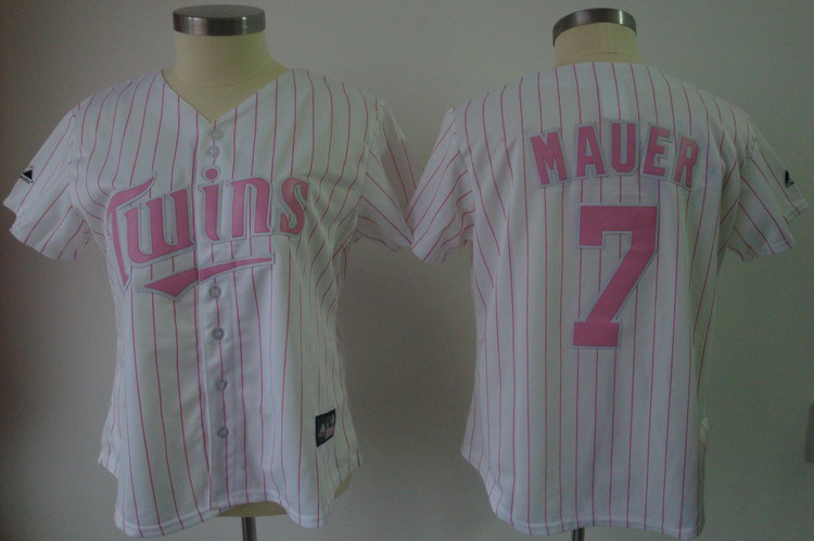 Twins #7 Joe Mauer White Pink Strip Women's Fashion Stitched MLB Jersey(Run Small)