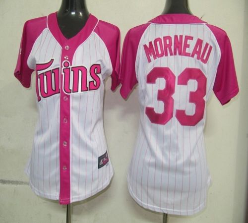 Twins #33 Justin Morneau White/Pink Women's Splash Fashion Stitched MLB Jersey(Run Small)