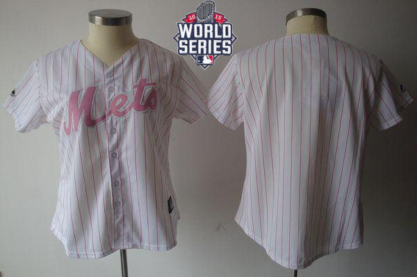 Mets Blank White Pink Strip W/2015 World Series Patch Women's Fashion Stitched MLB Jersey