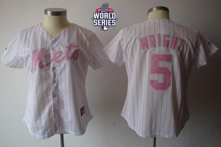 Mets #5 David Wright White Pink Strip W/2015 World Series Patch Women's Fashion Stitched MLB Jersey