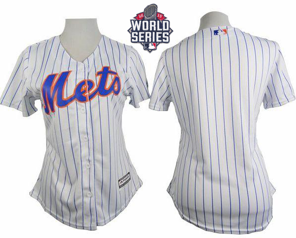 Mets Blank White(Blue Strip) W/2015 World Series Patch Women's Home Stitched MLB Jersey